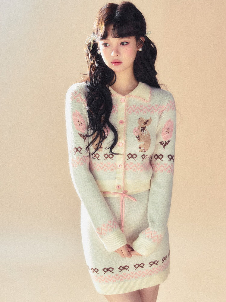 Set-Up Knit Retro Rabbit Ribbon Cardigan&Mini-Skirt