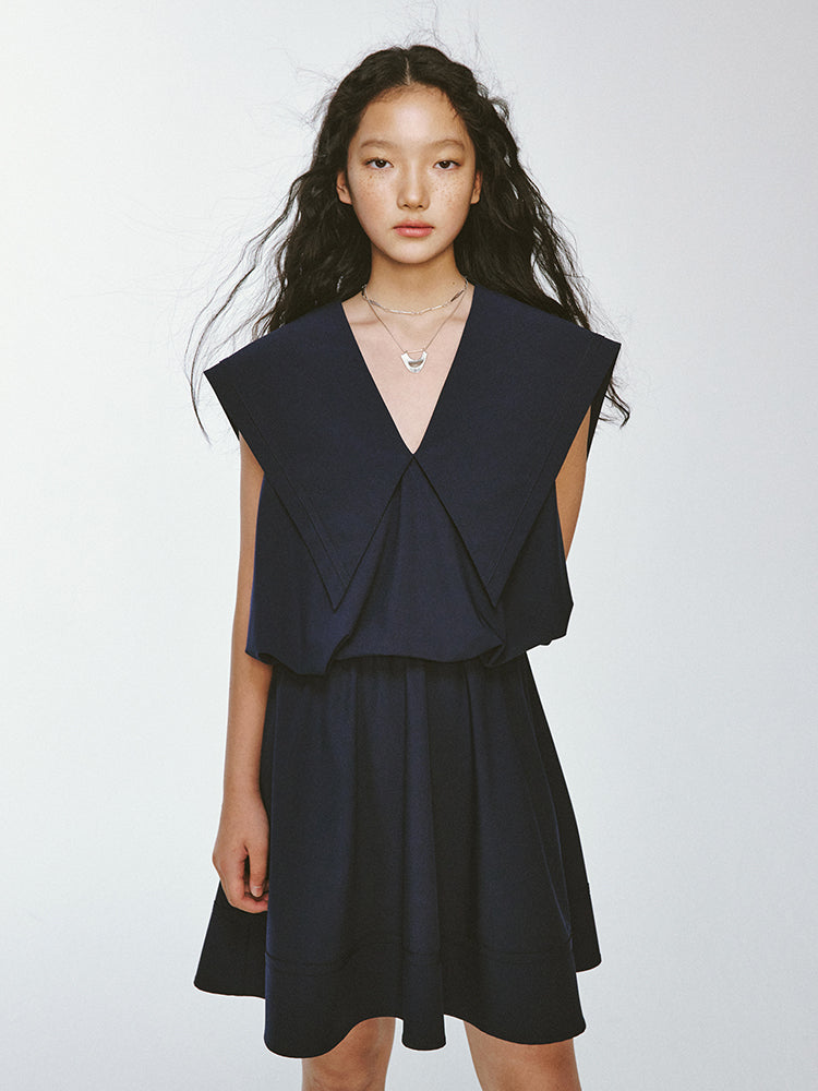 Sailor-Collar Big-Collar V-Neck Loose No-Sleeve Short Chic One-Piece