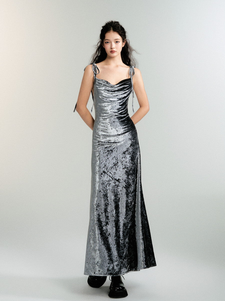 Metallic Velvet Camisole Long Elegant Slim Dress