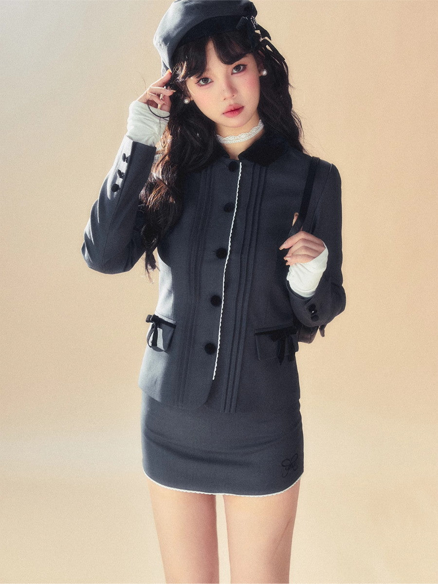 Lace Set-Up Velvet Chic Suit Jacket&Mini-Skirt