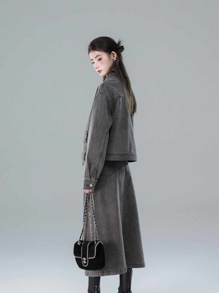 Shirt&Long-Skirt Demin Butterfly Tassel Vintage Set-Up