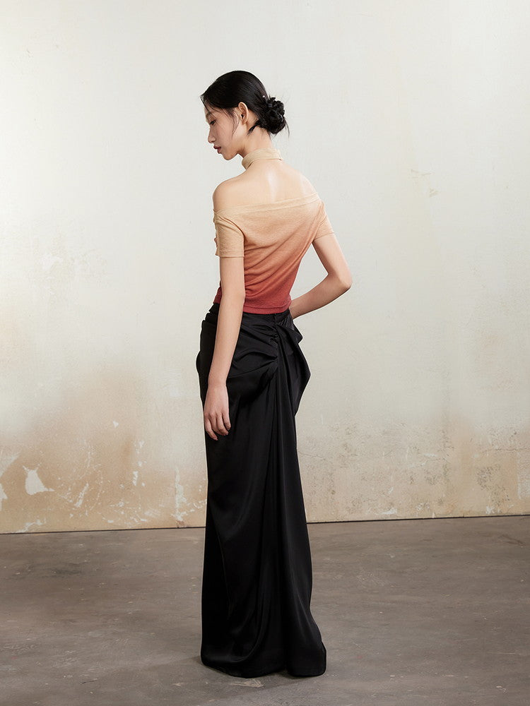 Gradation Off-Shoulder Nichi Velvet Flare-Sleeve Tops