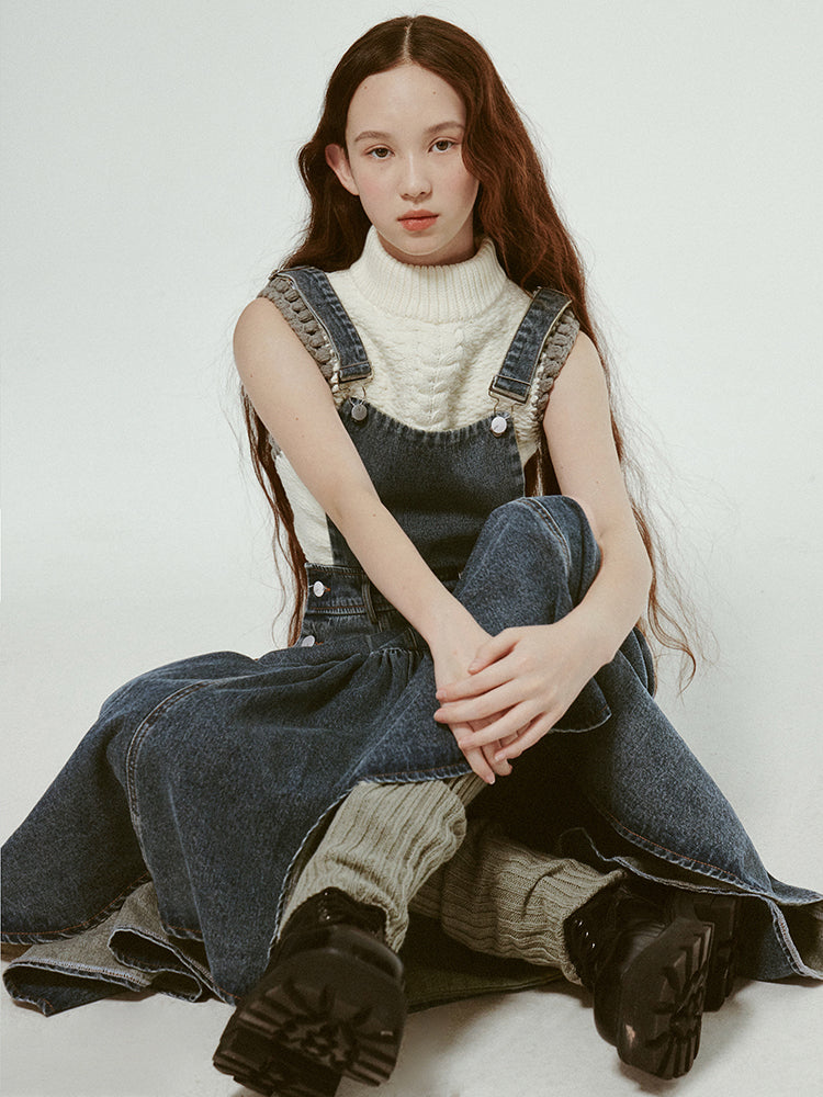 Retro Gather Denim Ribbon Casual Long One-Piece