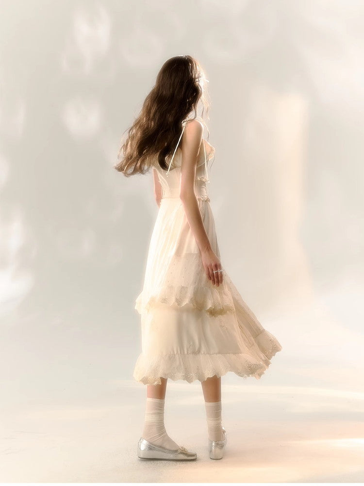 Lace Frill Camisole Ribbon Cute Long Dress