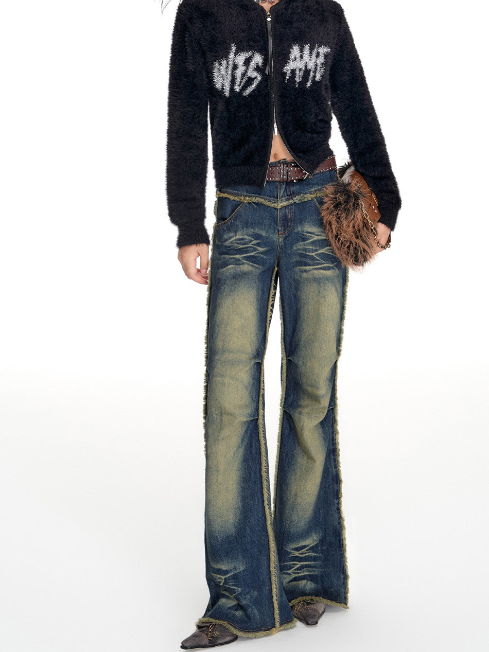 Denim Faded Vintage Cut-Off Casual Flare-Pants