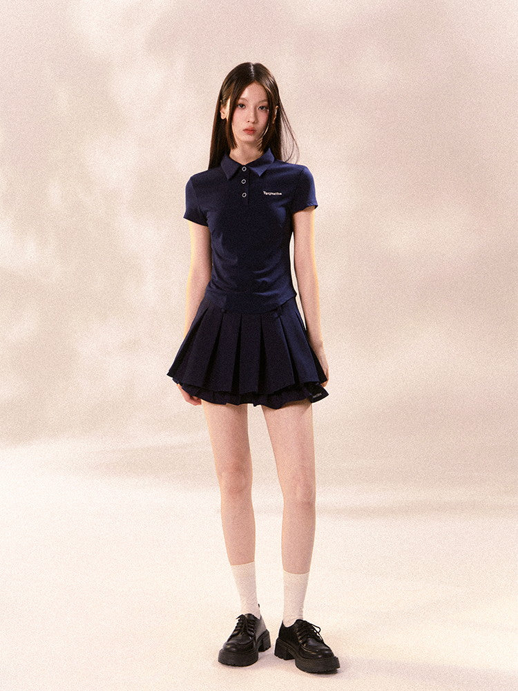 Set-Up Sports Casual Simple Pleats Polo-Shirt&Mini-Skirt