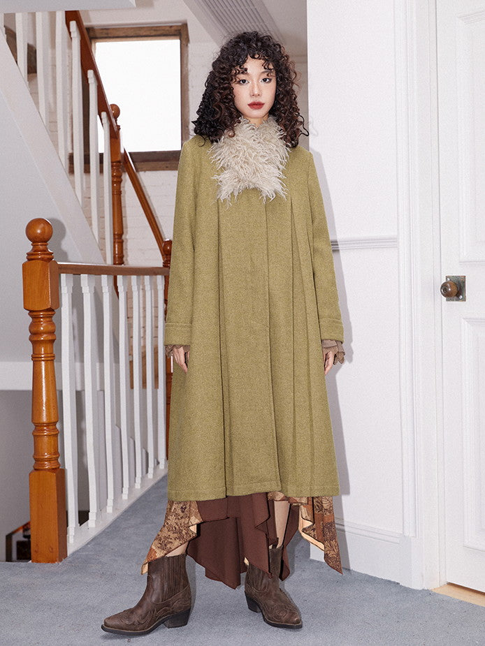 Fur-Collar Plain Flare Simple Elegant Long-Coat