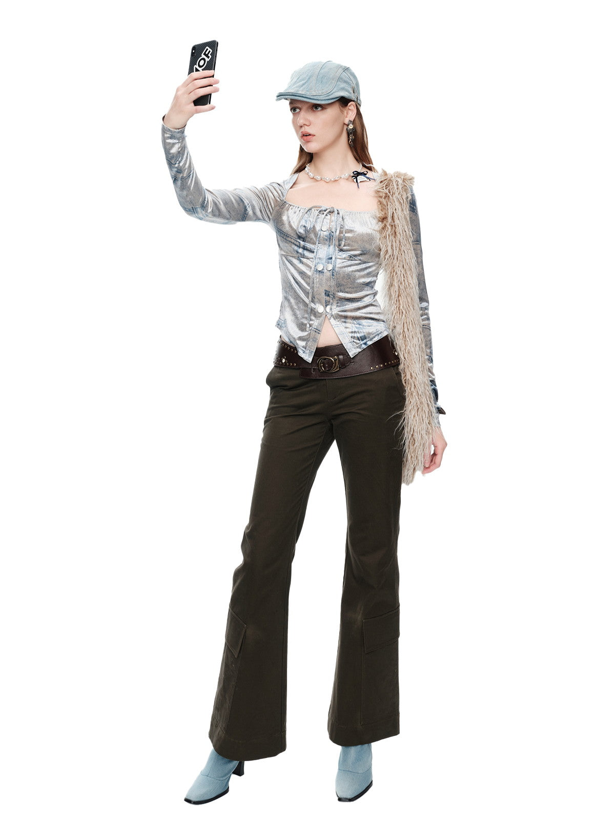 Fake-Denim Velvet Smooth Nichi Set-Up Tops&Long-Skirt