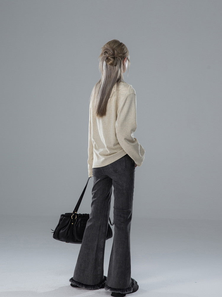 Denim Fower Wrap Cut-Off Slim Flare-Pants&Lace-Skirt