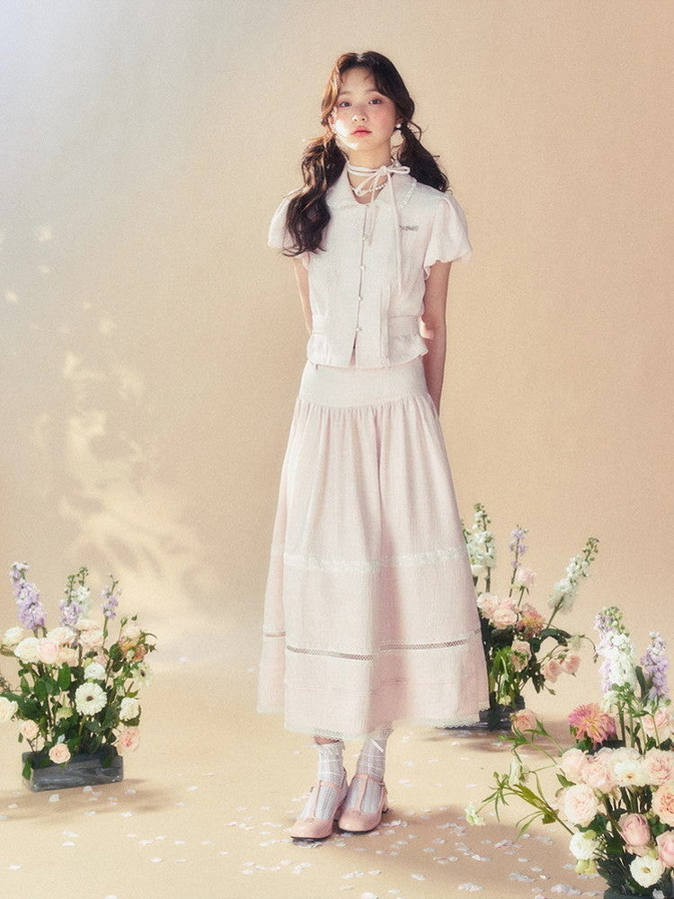 Constricted Puff-Sleeve Lace Flare Blouse&Long-Skirt