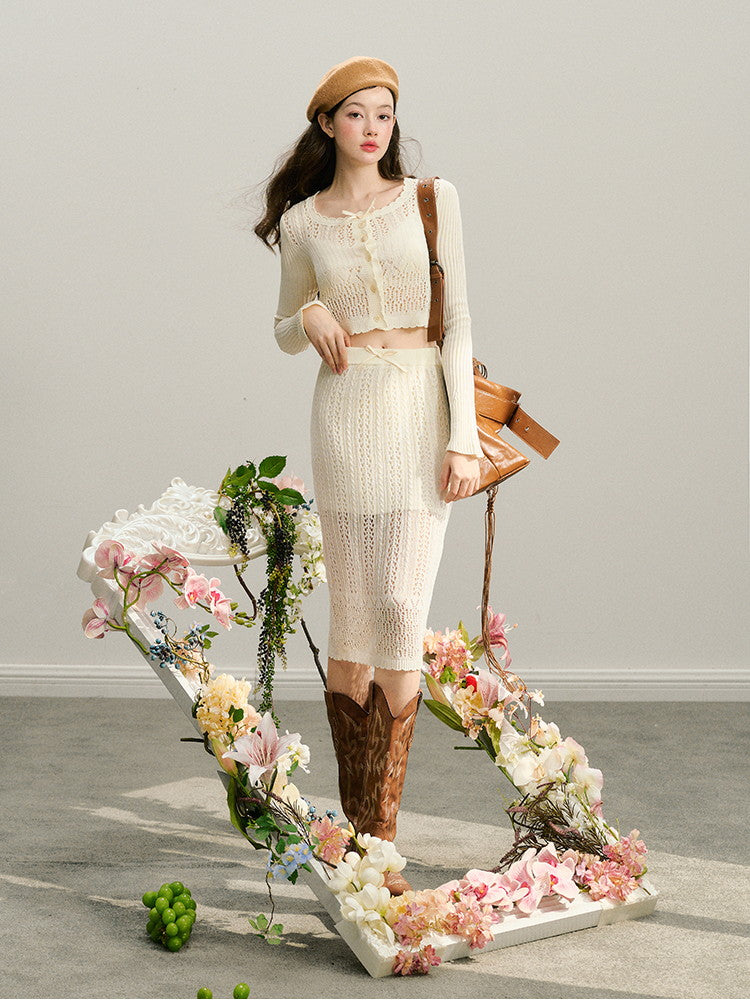 Knit Set-Up Sheer Mesh Scallop Feminine Sexy Tops&Skirt