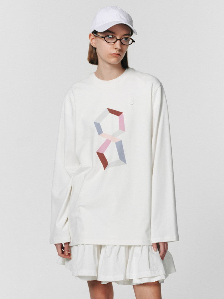 대형 간단한 그래픽 승무원 긴 T- 셔츠