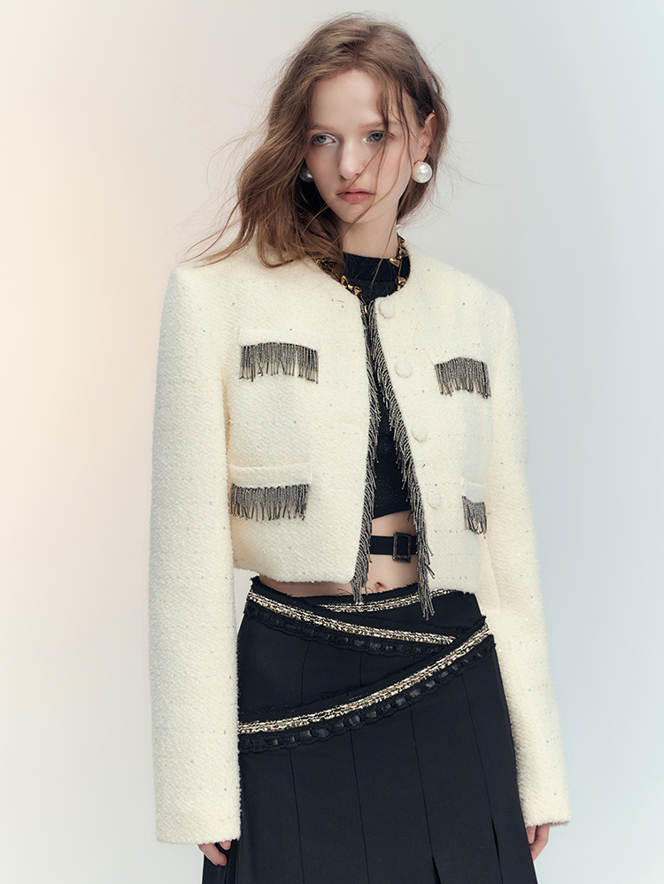 Tassel Wool No-Collar Chic 고급 재킷 미니 스커트