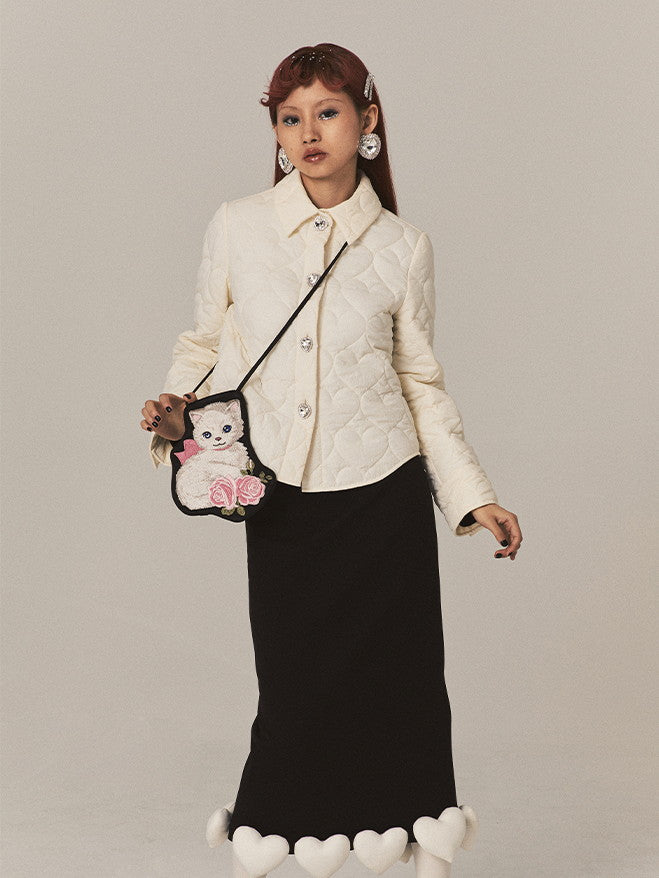 Heart-Embroidery Light-Outer Compact Retro Quilting Jacket