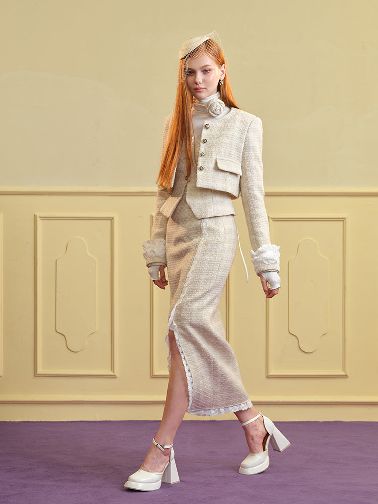 Tweed Lace Feminine Cute Jacket&Vest&Mini-Skirt&Long-Skirt