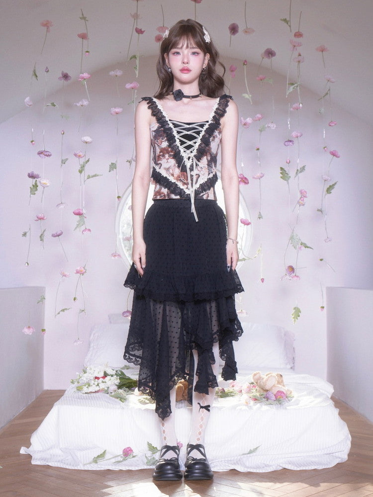 Lace Lace-Up Elegant Flower Gothic Frill No-Sleeve Tops