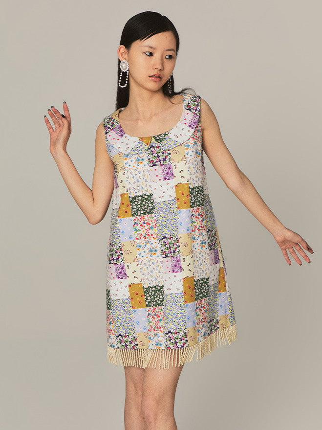 Patchwork Gaudy No-Sleeve Tassel Flower Colorful One-Piece