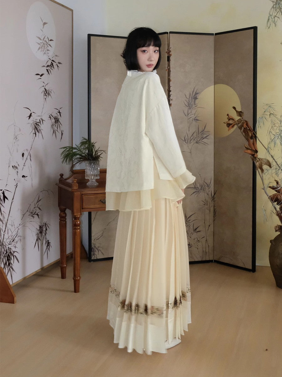 Embroidery Flowr Retro Sheer Box-Pleats Long-Skirt