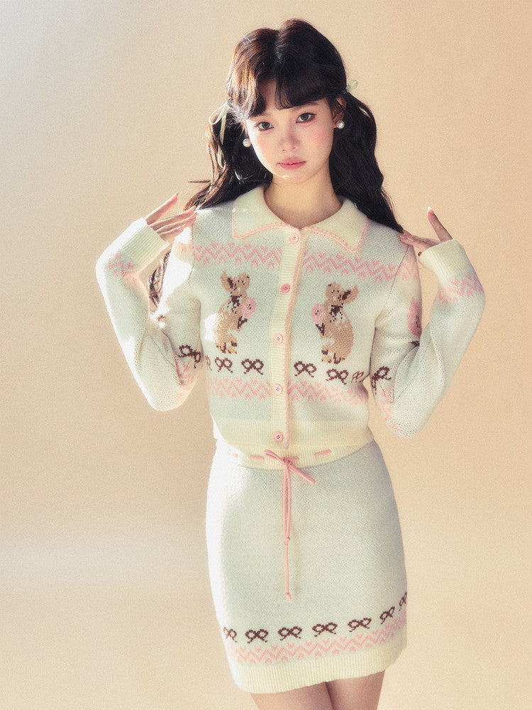 Set-Up Knit Retro Rabbit Ribbon Cardigan&Mini-Skirt