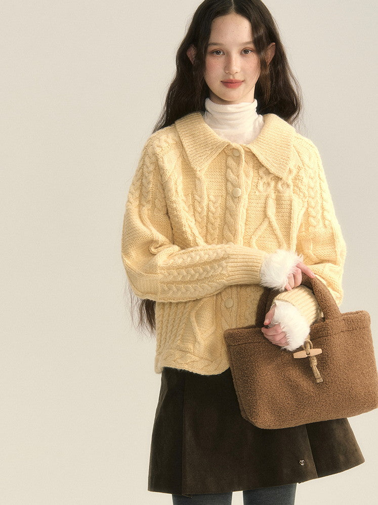 Button Retro Polo-Neck Cardigan Cable-Knit
