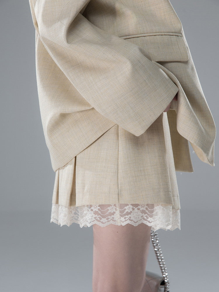 Jacket&Mini-Skirt Lace Box-Pleats Ovreszie Suit Set-Up