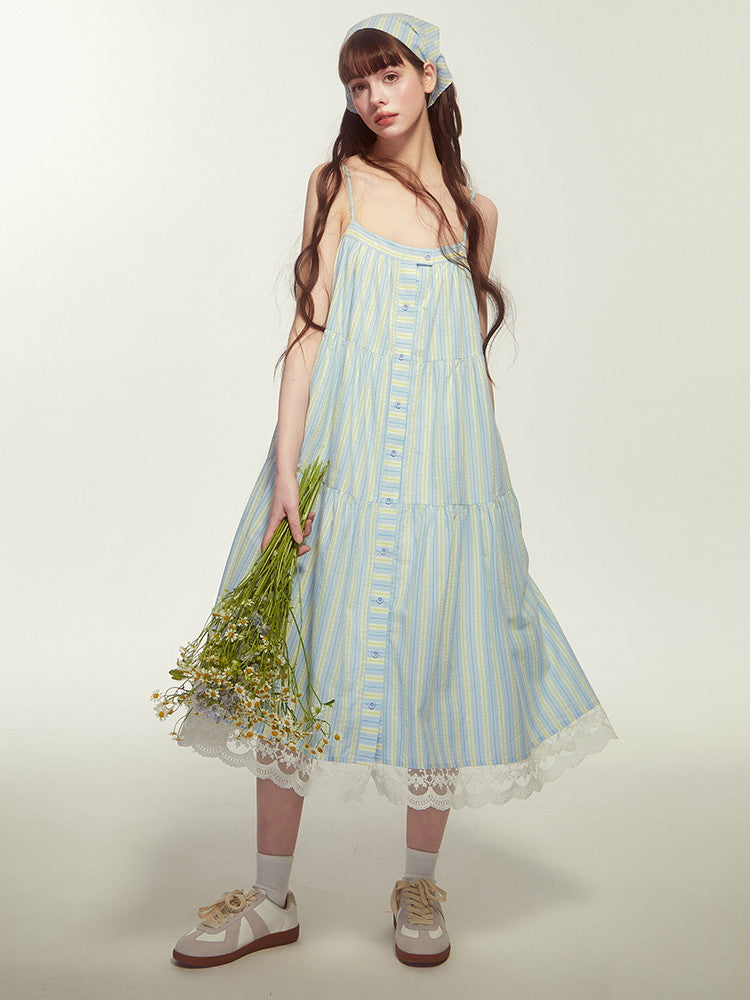 Camisole Lace Stripe Flare Button Layered Casual Dress