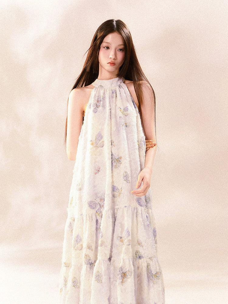 American-Sleeve Pale-Tone Flower Tiered No-Sleeve Long Dress