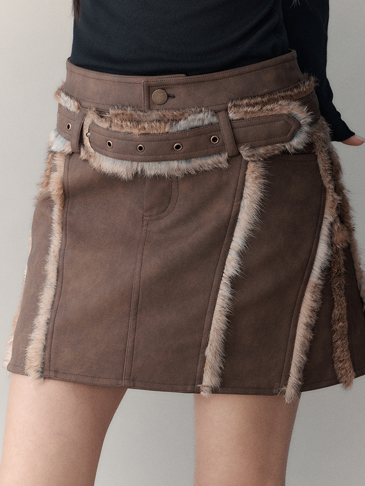 Leather&Fur Short Nichi Trapezoid Mini-Skirt