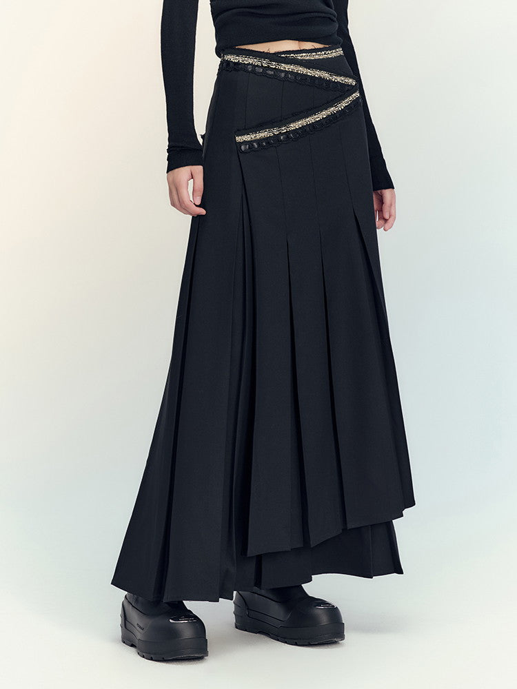 Box-Pleats Flare Glitter Plain Long-Skirt