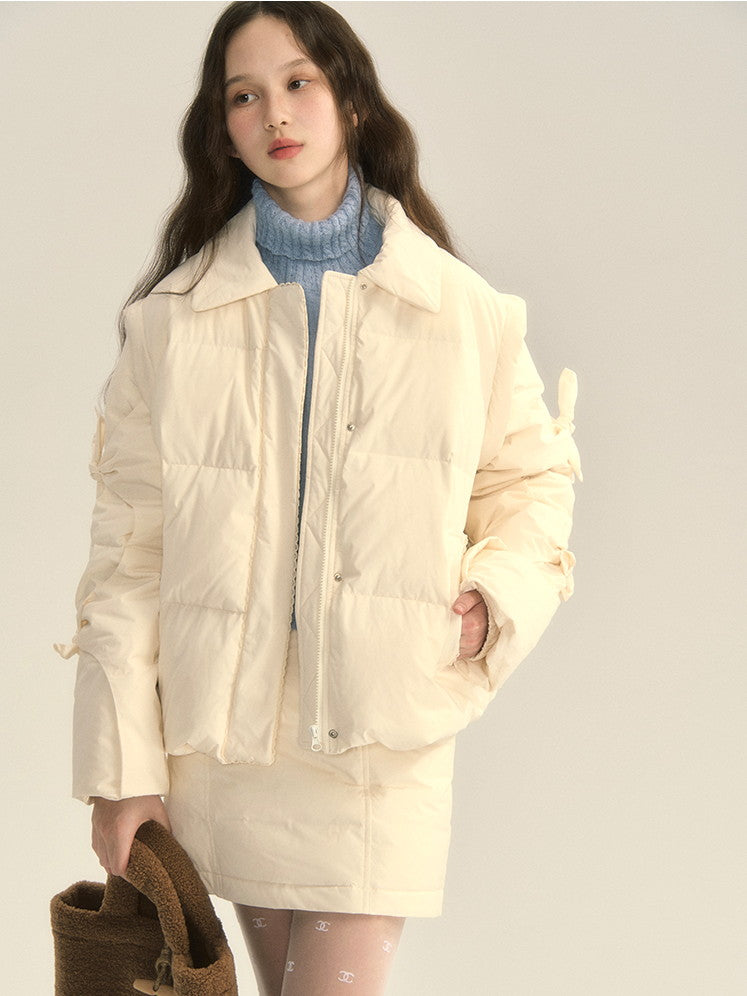 Cotton Quilting Ribbon Set-Up Cute Down-Jacket&Mini-Skirt