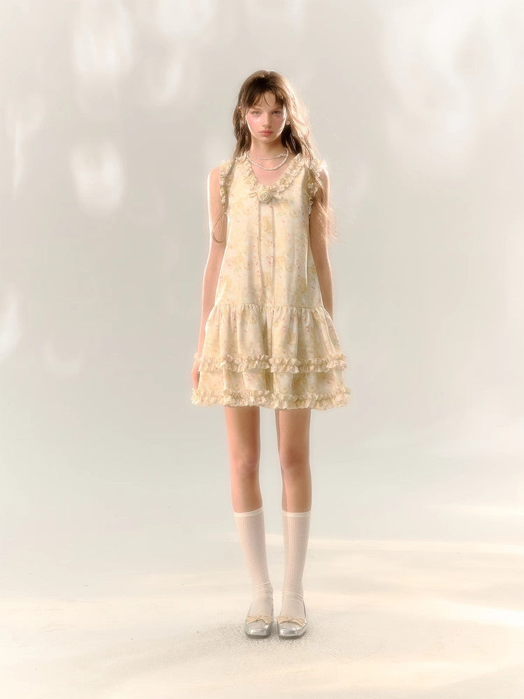 Flower Rose Frill No-Sleeve Sweet Dress
