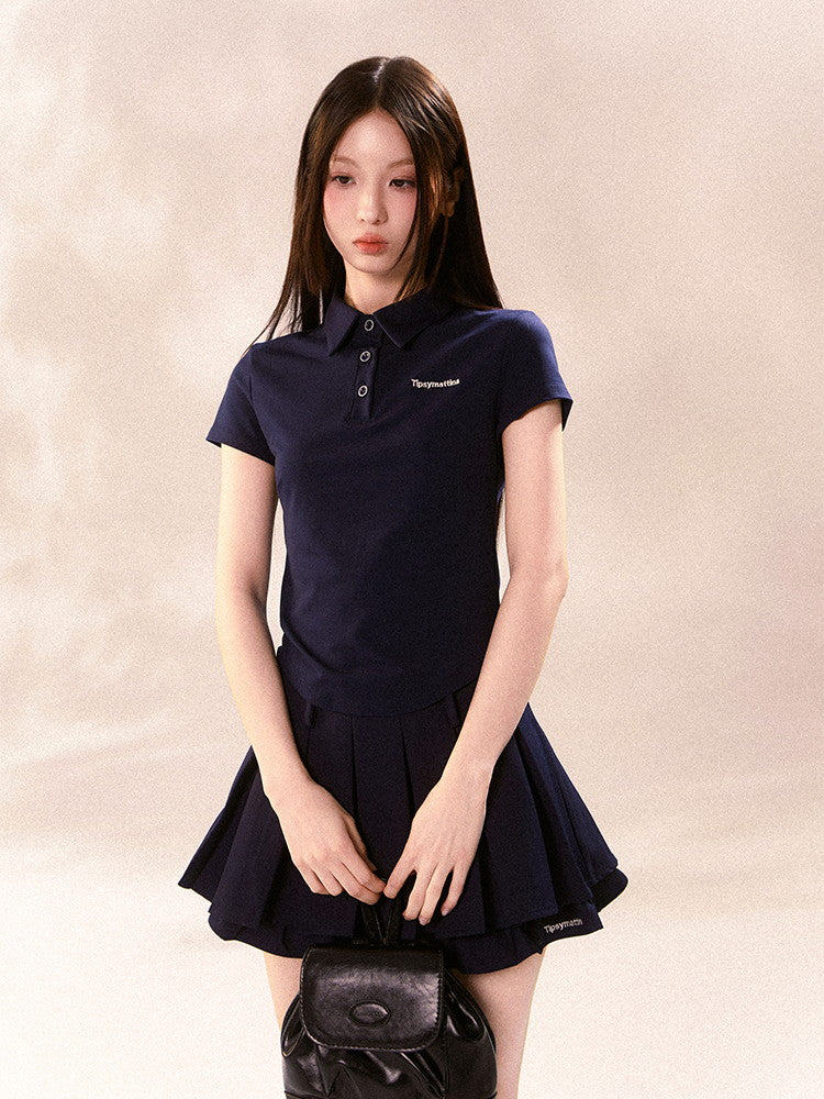 Set-Up Sports Casual Simple Pleats Polo-Shirt&Mini-Skirt