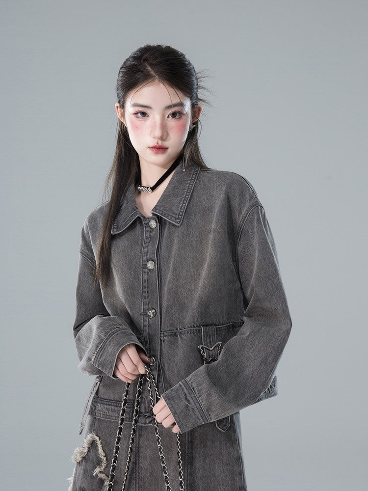 Shirt&Long-Skirt Demin Butterfly Tassel Vintage Set-Up