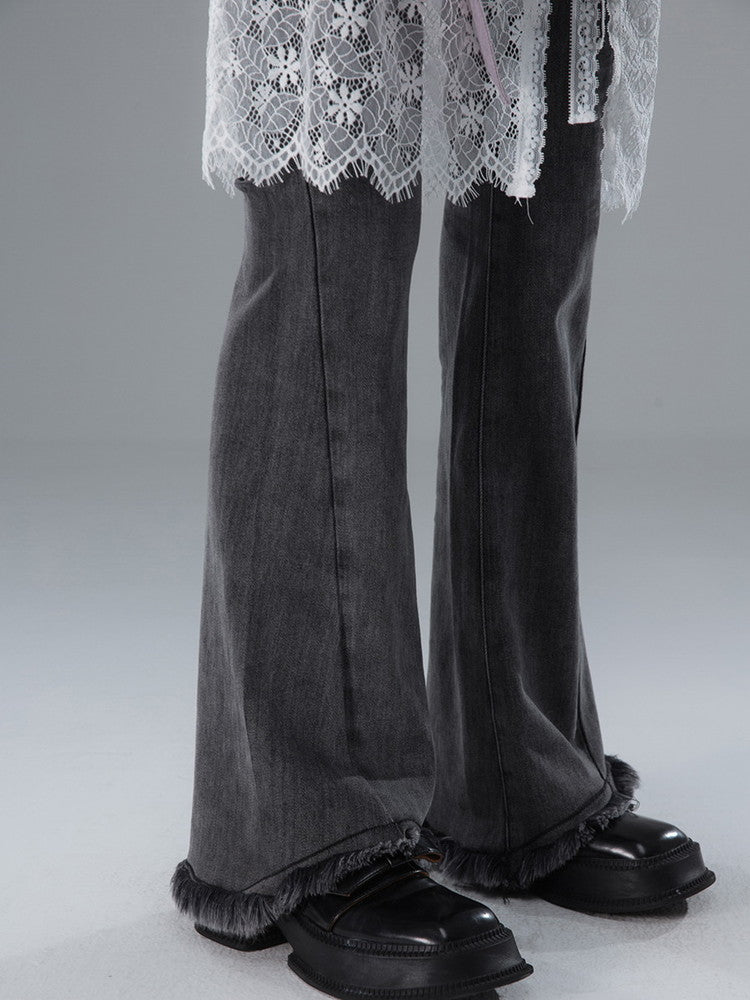 Denim Fower Wrap Cut-Off Slim Flare-Pants&Lace-Skirt