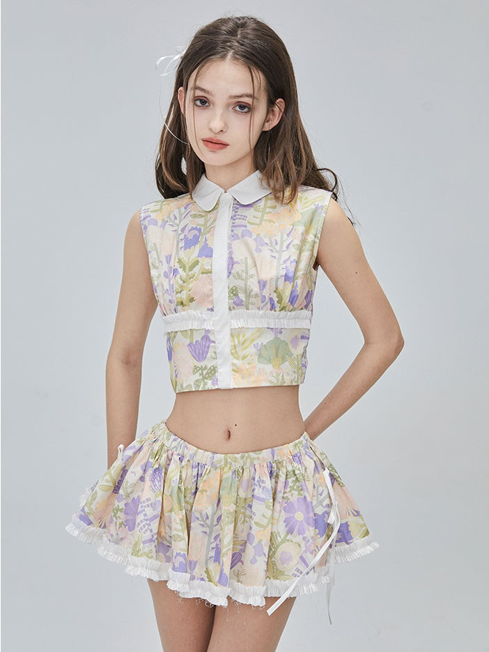 Flower Checked Lace Nichi Cute Blouse & Mini-Skirt