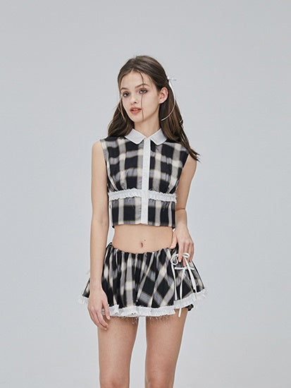 Flower Checked Lace Nichi Cute Blouse & Mini-Skirt