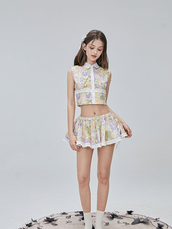 Flower Checked Lace Nichi Cute Blouse & Mini-Skirt