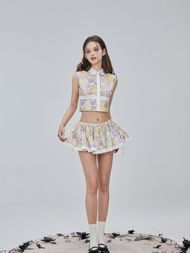 Flower Checked Lace Nichi Cute Blouse & Mini-Skirt