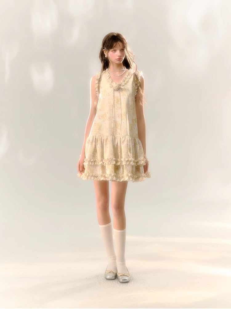 Flower Rose Frill No-Sleeve Sweet Dress