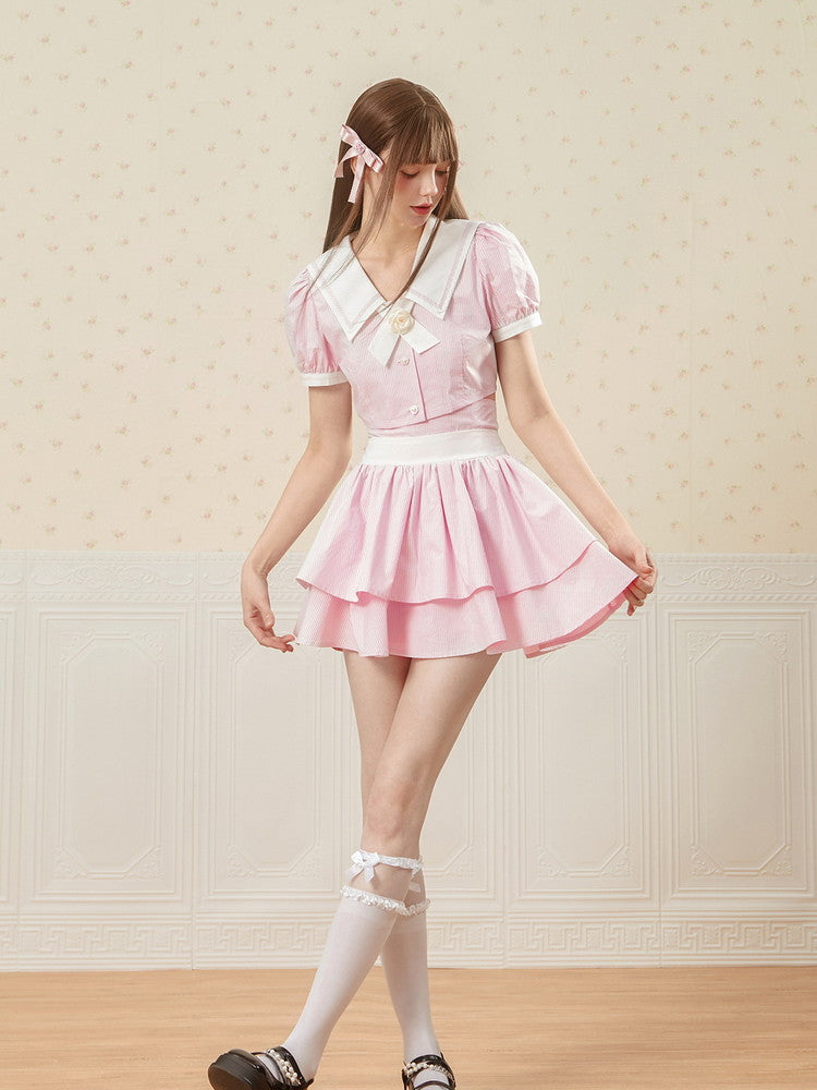 Set-Up Stripe Sailor Lace Cute Ribbon College Blouse&Long-Skirt