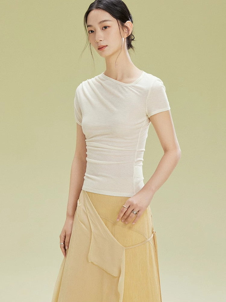Asymmetry Simple Drape Gather Plain T-Shirt