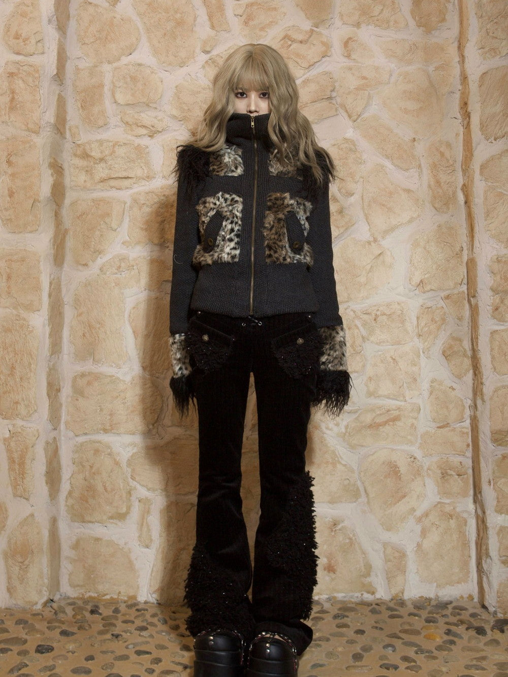 Léopard à col haut zip décontracté boa tricot