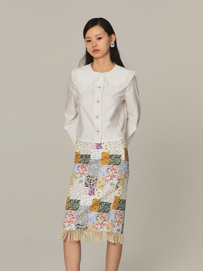 Frill-Collar Flower Girly Cute Beads Blouse