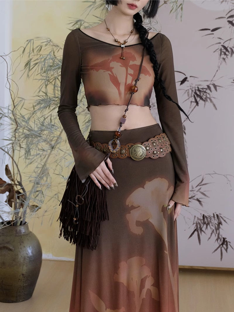 Mellow Gradation Short Nichi Flare-Sleeve Flower Cutsew&Long-Skirt