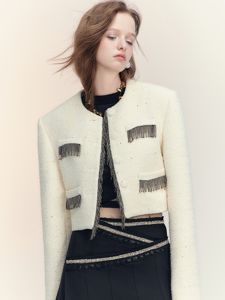 Tassel Wool No-Collar Chic 고급 재킷 미니 스커트