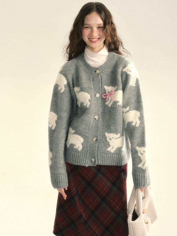 Knit Sheep Ribbon Retro Cres-Neck Cardigan