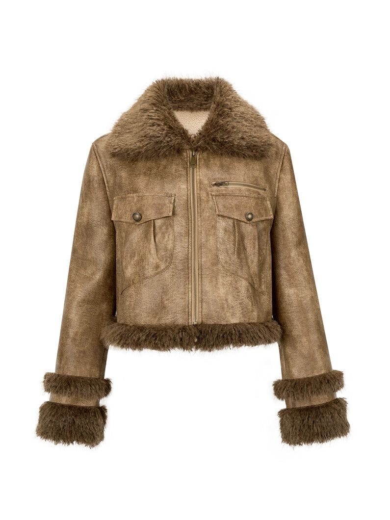 Boa Fur Middle Vintage High-End Leather-Jacket