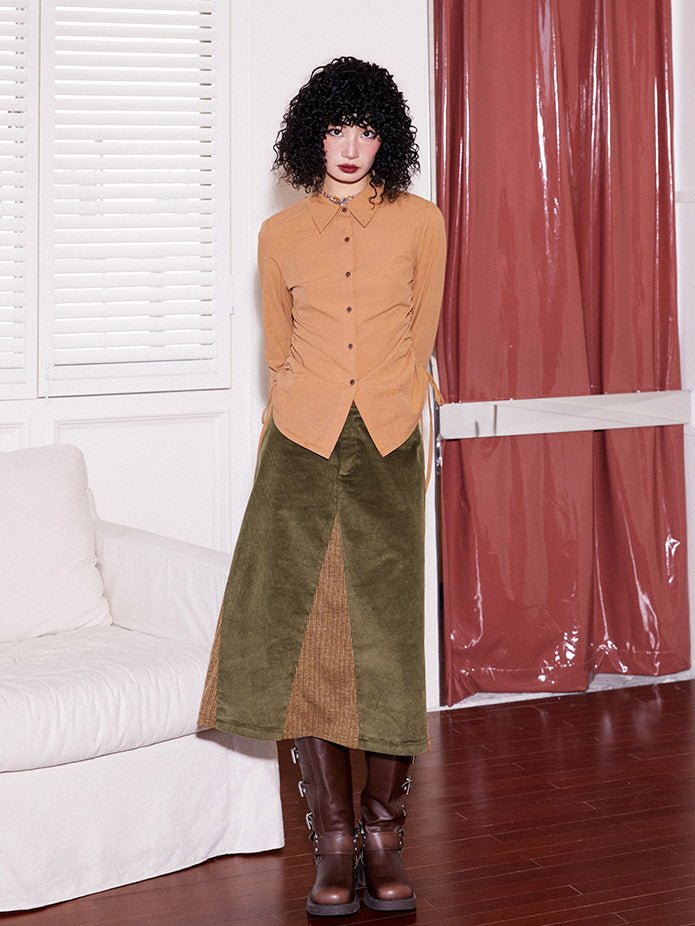Corduroy Patchwork Flare Retro Simpe Long-Skirt