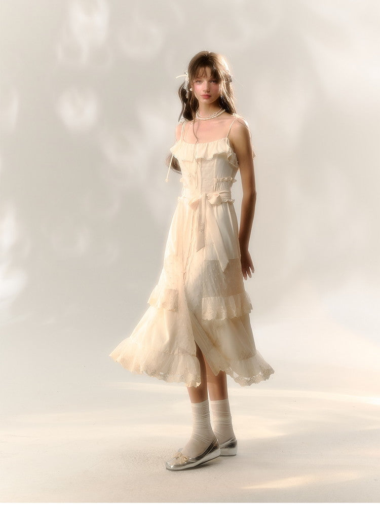 Lace Frill Camisole Ribbon Cute Long Dress