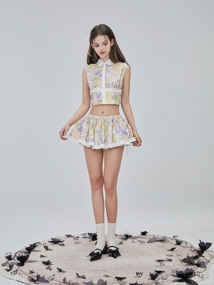 Flower Checked Lace Nichi Cute Blouse & Mini-Skirt
